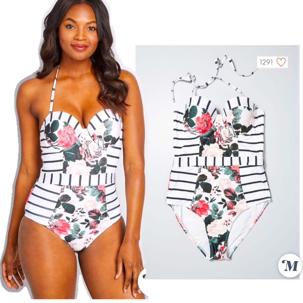 Vintage Striped and Floral Halter Tie One-Piece Swimsuit